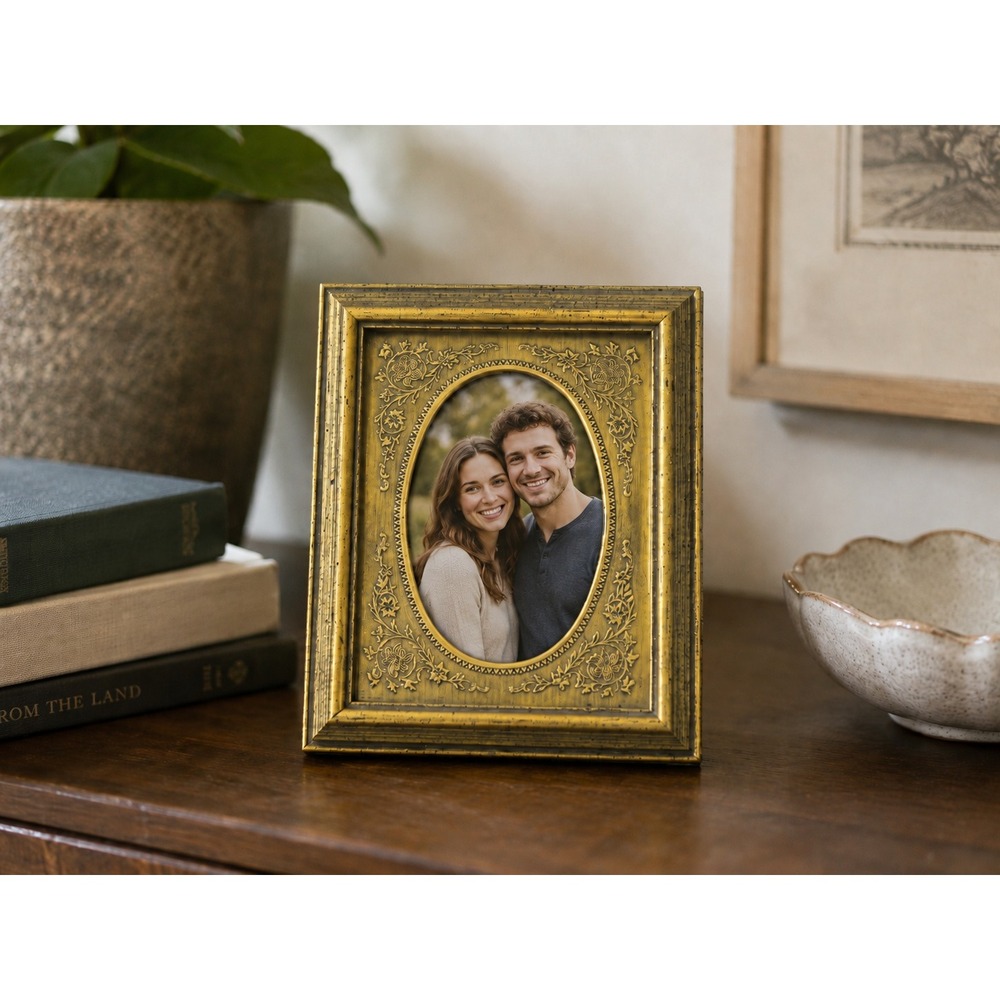 Vintage Gold Tone Ornate Floral Oval Picture Frame 4.5x5.5 Wallet Photo